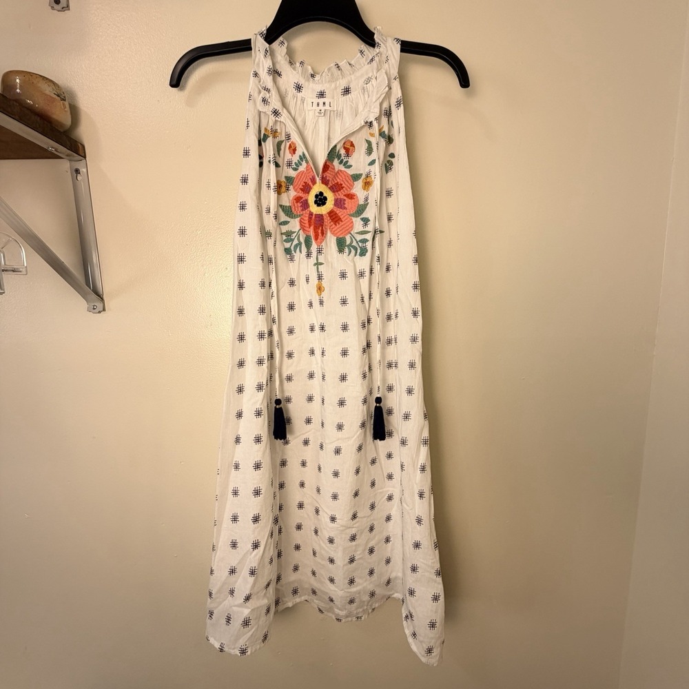 THML Floral Embroidered White Tank Dress Women Sm Boho Southwestern Folk